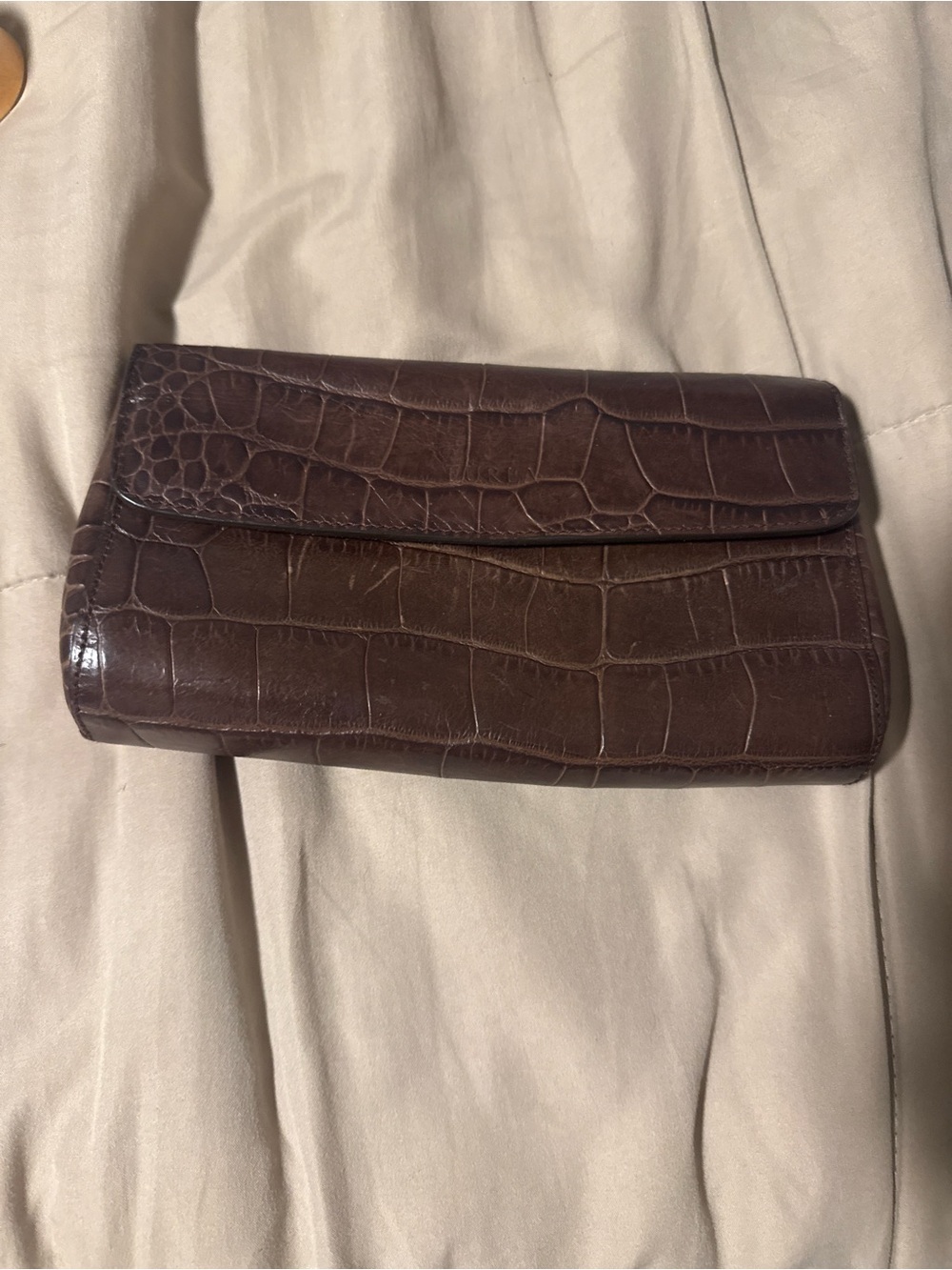 Furla Brown Croc-Embossed Leather Wristlet Clutch